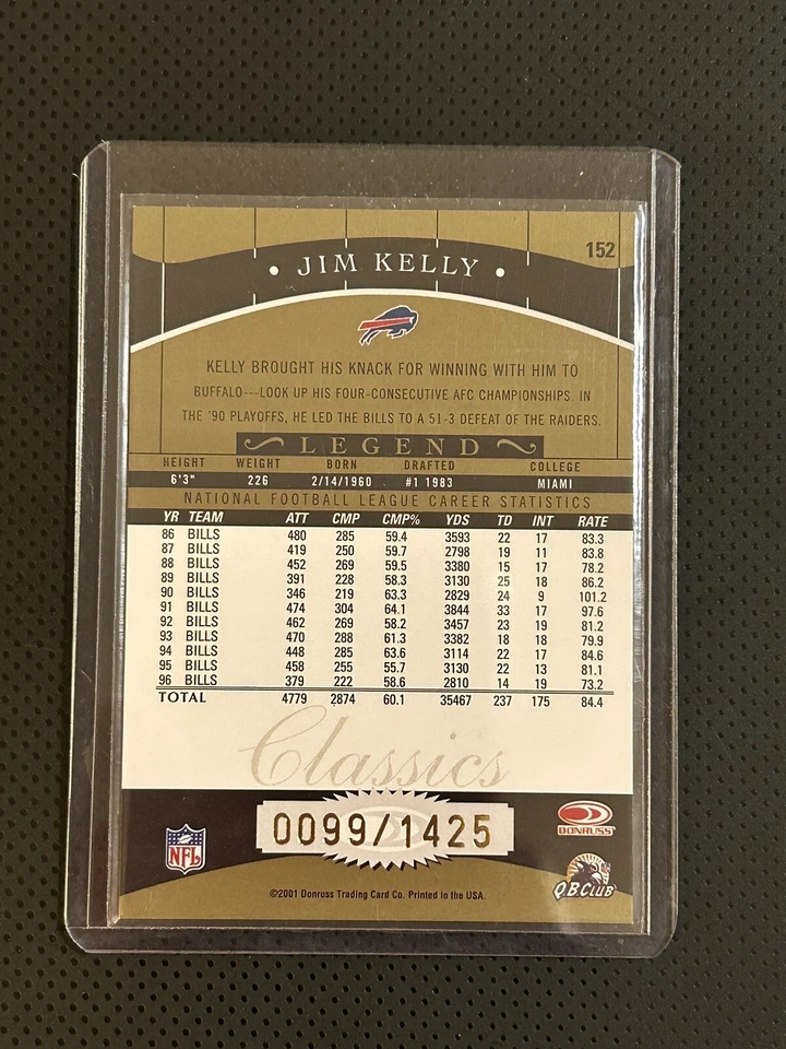2001 Donruss Classics Legend #99/1425 Jim Kelly #152 Buffalo Bills HOF - Image 2 of 2