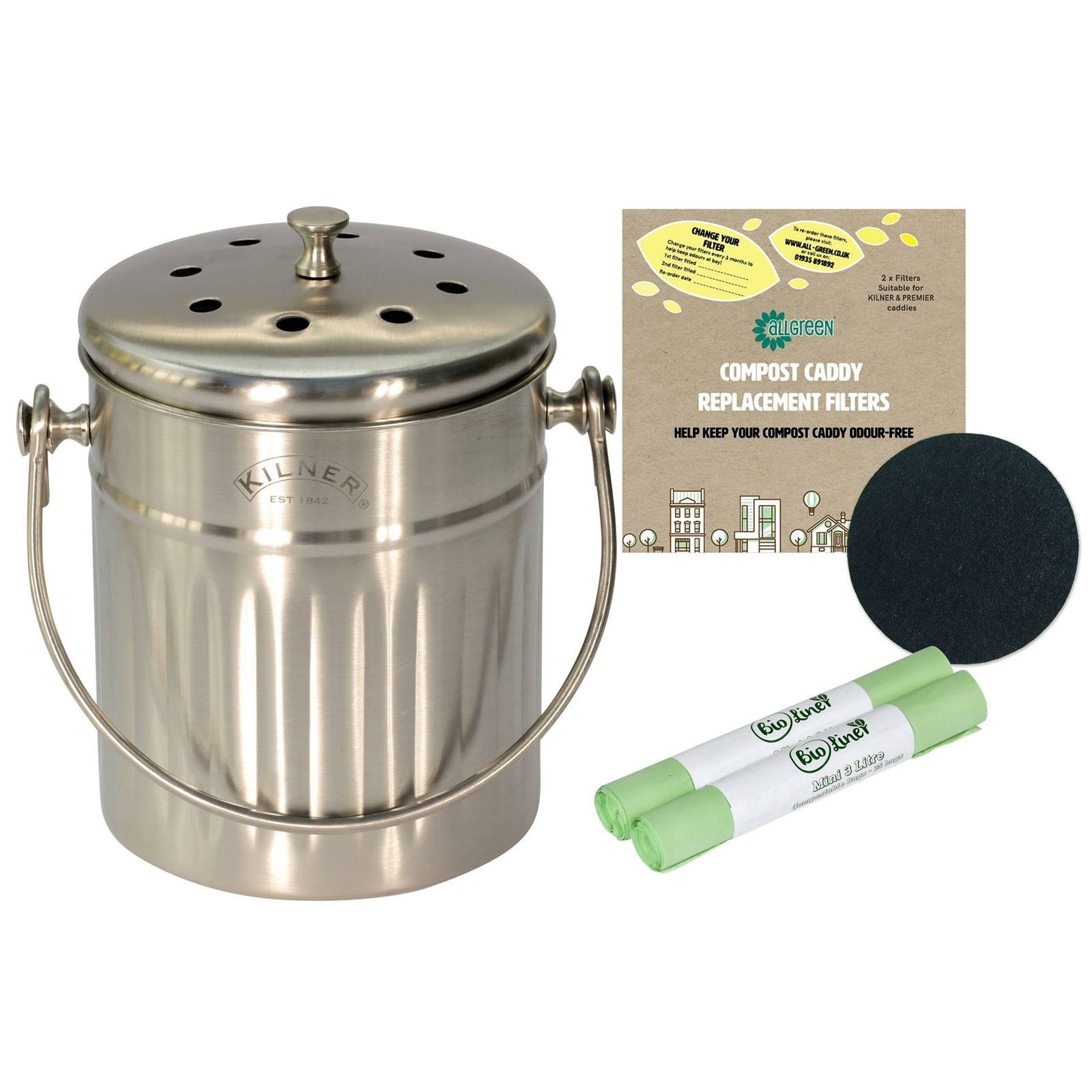 Kilner 2 Litre Stainless Steel Compost Caddy-50x3L Compostable Bags&2 x Filters