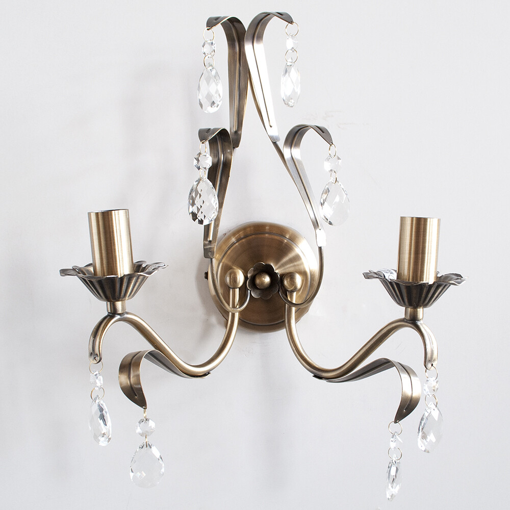 Litecraft Wall Light Floral Crystal Effect 2 Arm - Antique Brass Clearance