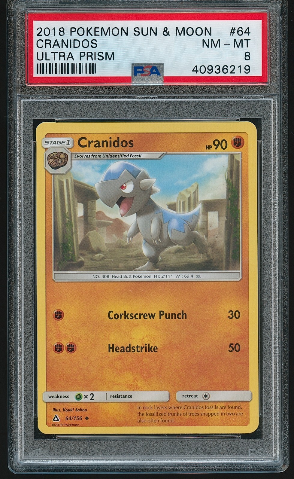 Cranidos 2018 Pokemon TCG  Sun & Moon: Ultra Prism 64/156 PSA 8