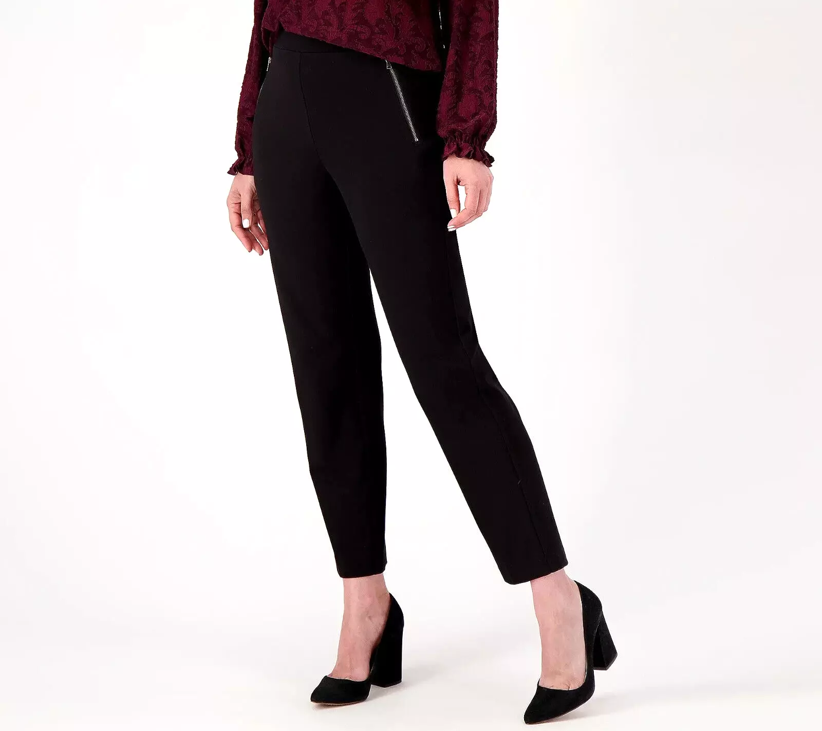 Pantalon jambe mince tricoté Susan Graver Supreme avec détail de poche à fermeture éclair   NOIR, XS