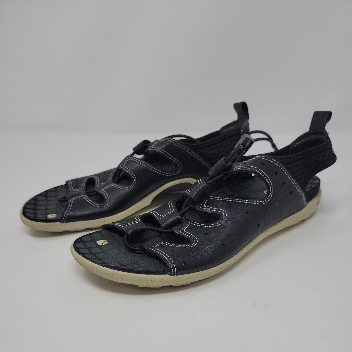 Ecco Jab Toggle Black Leather White Sport Sandals Shoe Womens 37