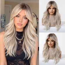 Long Wavy Rooted Silvery Blonde Mix Synthetic Hair Wigs Women Soft Natural