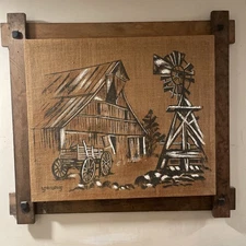 Original Painting. Acrylic On Burlap Canvas Barn Windmill Large 32”x36” W/ Frame