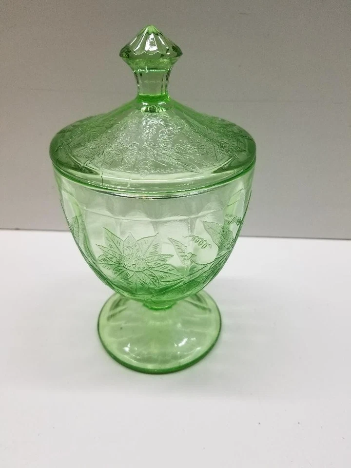 Jeannette Floral Footed Green Uranium Depression Glass Lidded 6" Candy Dish-MINT - Image 3 of 4