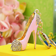 Pink/Gold Metal Rhinestone High Heel Shoe Key Chain Charm Key Ring for Women