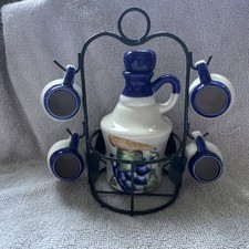 Vintage Ceramic Grape Motif Wine Decanter Set with Mini Cups & Metal Stand