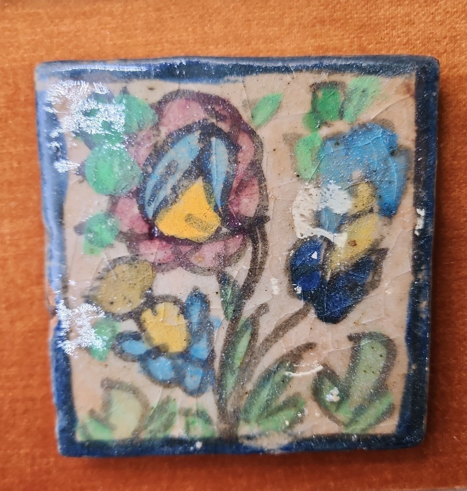 Hand-Painted VTG Persian Style Tile Wall Art Ornate Wooden Frame Floral MCM