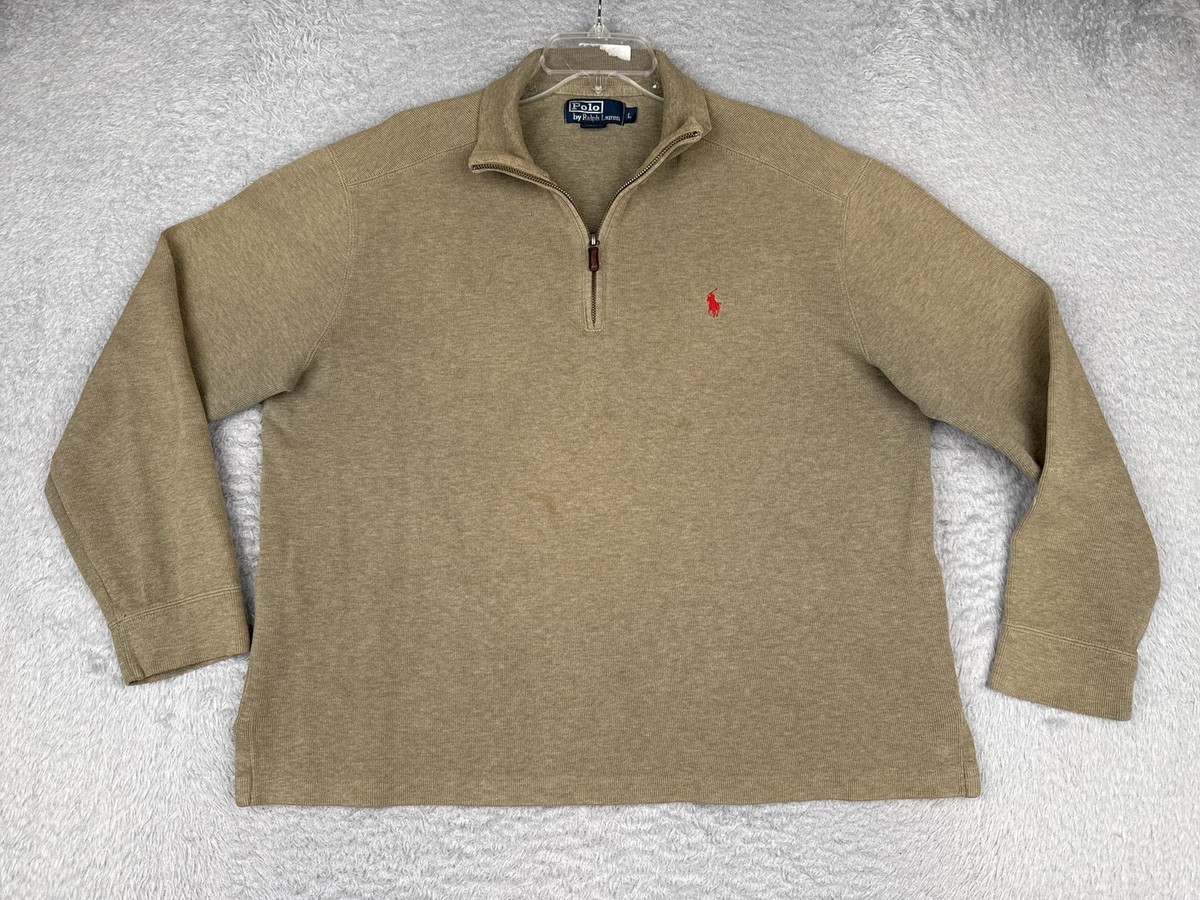 Polo Ralph Lauren Sweater Mens Large Beige Green 1/4 Zip Mock Neck