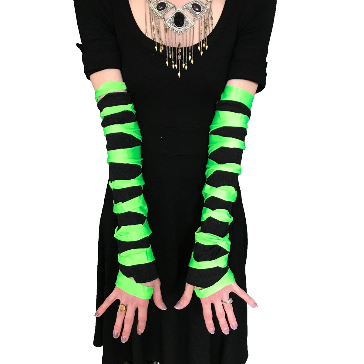 Mens Cut Out Gloves Green Arm Warmers Black Sleeves Cyber Goth Cosplay  Costume