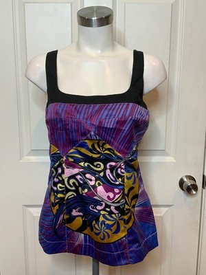 Just Cavalli Geometric Patchwork Gold Stitch Sleeveless Top, Size 6 | 42