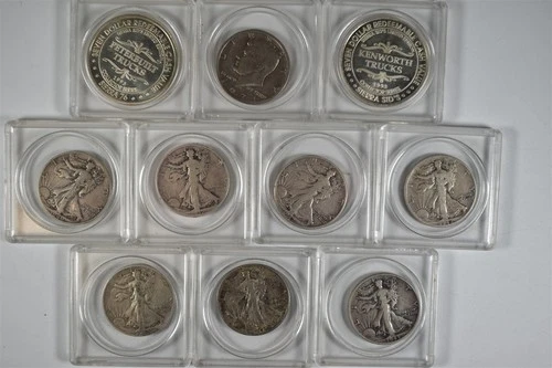 7 US SILVER WALKING LIBERTY HALF DOLLARS 2 1 OUNCE SILVER ROUNDS & BONUS KENNEDY