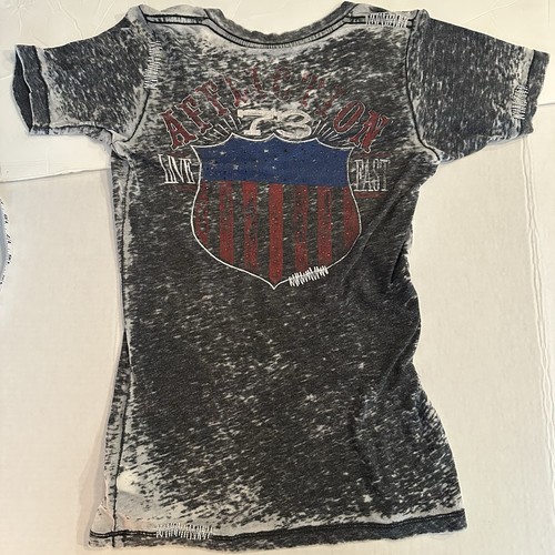 Affliction Women’s Medium T-Shirt Rebels 73 Live Fast Black Acid Wash Bling Y2K - Picture 6 of 14