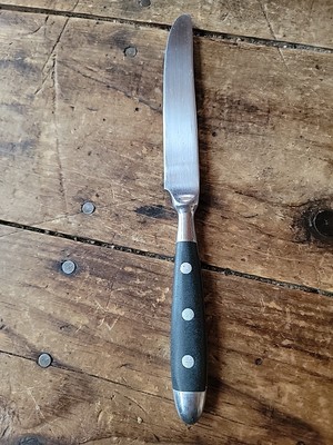 LC GERMAIN STAINLESS DINNER KNIFE ROSTREI JAPAN 3-RIVETS BLACK HANDLE