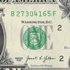 8 Digit Broken Ladder Fancy Serial Number Series 2021 $1 Dollar Bill B27304165F