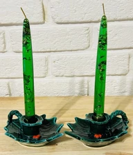 2 Vintage 1960's Emerald Green Gold Flake MCM Lucite Christmas Candlesticks L#3