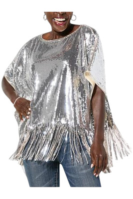 Colleen Lopez Women's Sequined Top with Fringe Silver