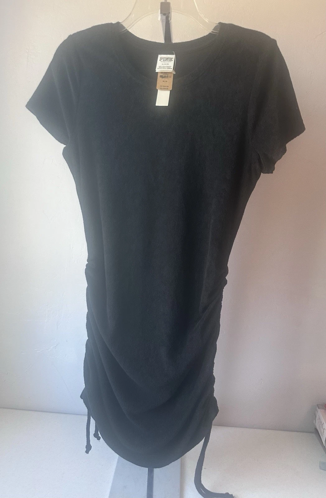 UNDERCOVER ROSA Victoria's Secret manica corta nero Terry con ruches laterale medio nuovo con etichetta