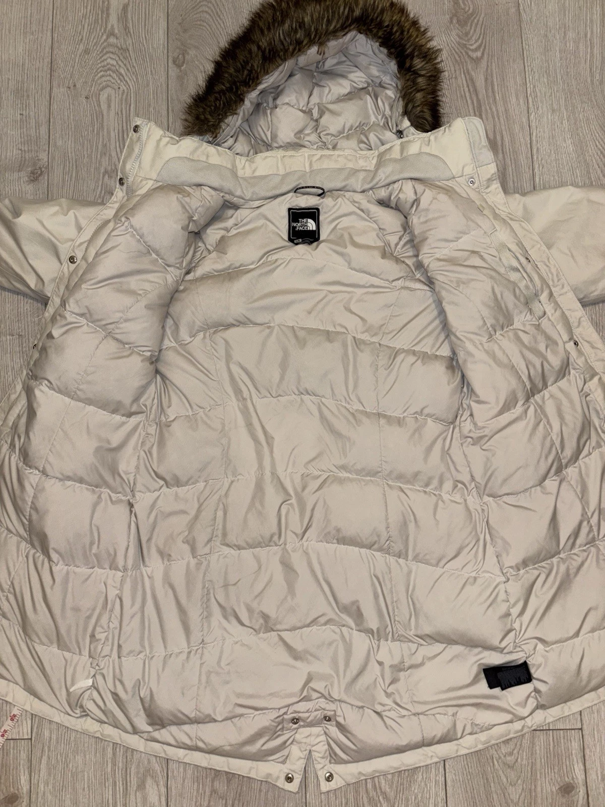 OFF WHITE The north face hyVent Parka donna taglia large bianco sporco felpa con cappuccio pelliccia sintetica