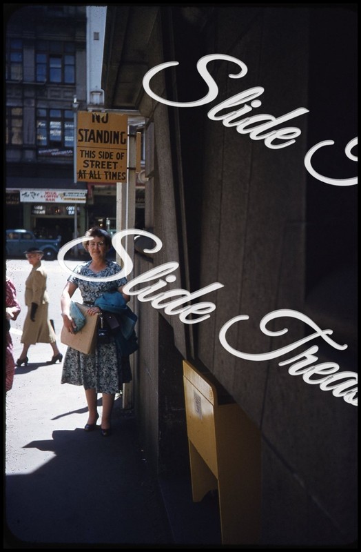 New Zealand Auckland Street Scene Sign Woman 35mm Slide 1950s Kodachrome