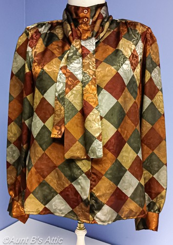 Vtg 80's La Chine Classic Fall Color Tone On Tone Diamond Pattern Poly Blouse 12 - Picture 2 of 10