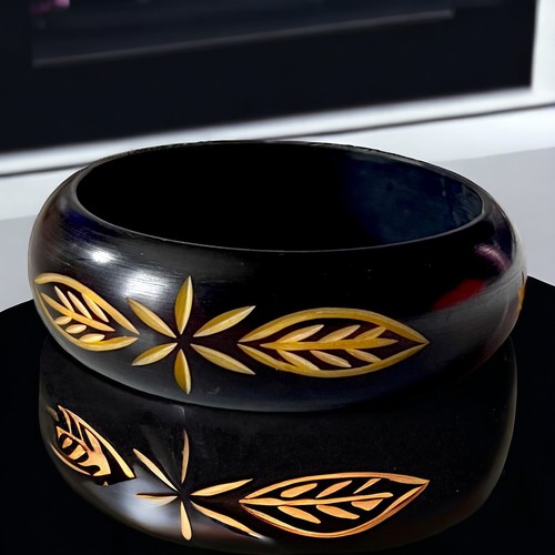 Bracciale Bracciale Legno Grosso Tribale Boho Oro Nero Vintage - Foto 3 di 9