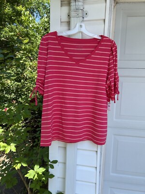 NWT Talbots Fun Raspberry Peach Stripe Tie Sleeve V-Neck Top 1X