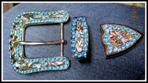 Large 3 Piece Light Tourquise Rhinestone ANTIQUE SILVER Belt Buckle Set - Picture 1 of 3