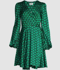 395 Milly Women's Green Siena Dot Print Twill Wrap Dress Petite Size P