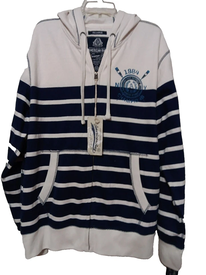 Chaqueta con Capucha AMERICAN RAG Cremallera Completa Talla XXL Unisex Blanco Azul Rayas Polar Nueva con Etiquetas Foto 4 de 4