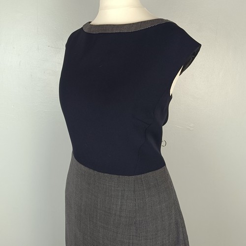 Hobbs Dress 12 Navy Grey Shift Pencil Colourblock Sleeveless 81% Wool Office - Picture 4 of 8