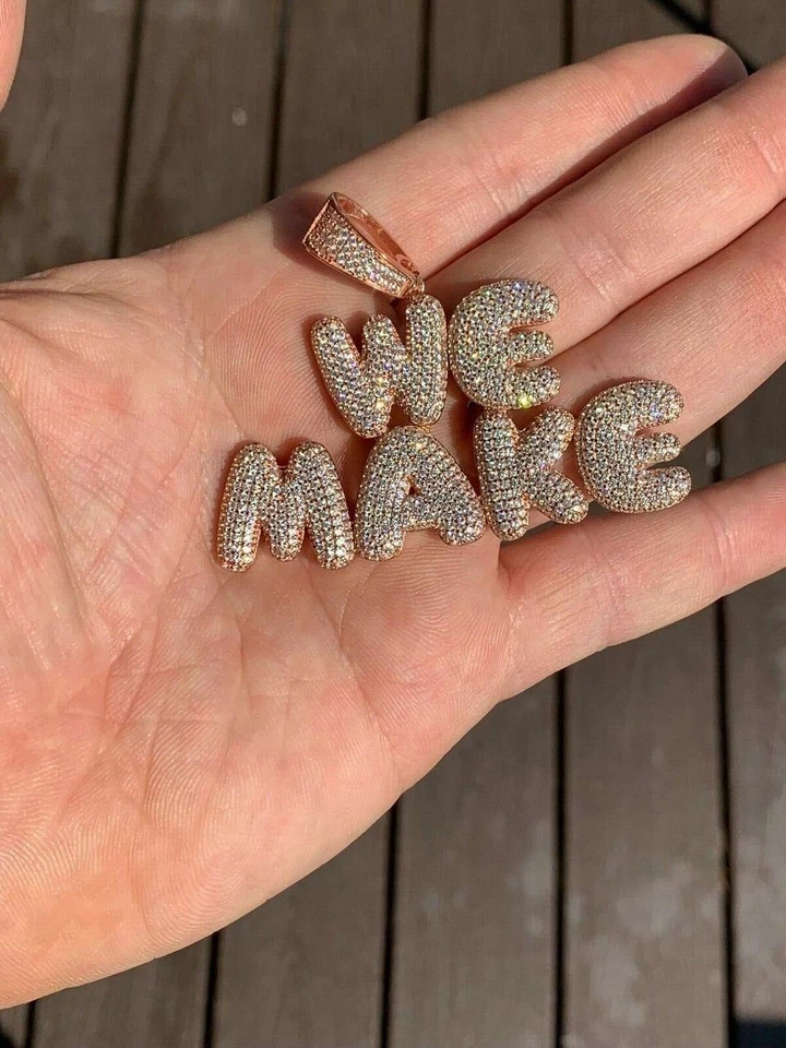 PLATA 925 MACIZA Personalizado Burbuja Letras Nombre Colgante Burbuja Circonita Helada Hombres Damas Foto 3 de 4