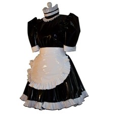 Latex Maid Outfits Dress Short Sleeves with Ruffles Apron Back Bow Rubber Skirt