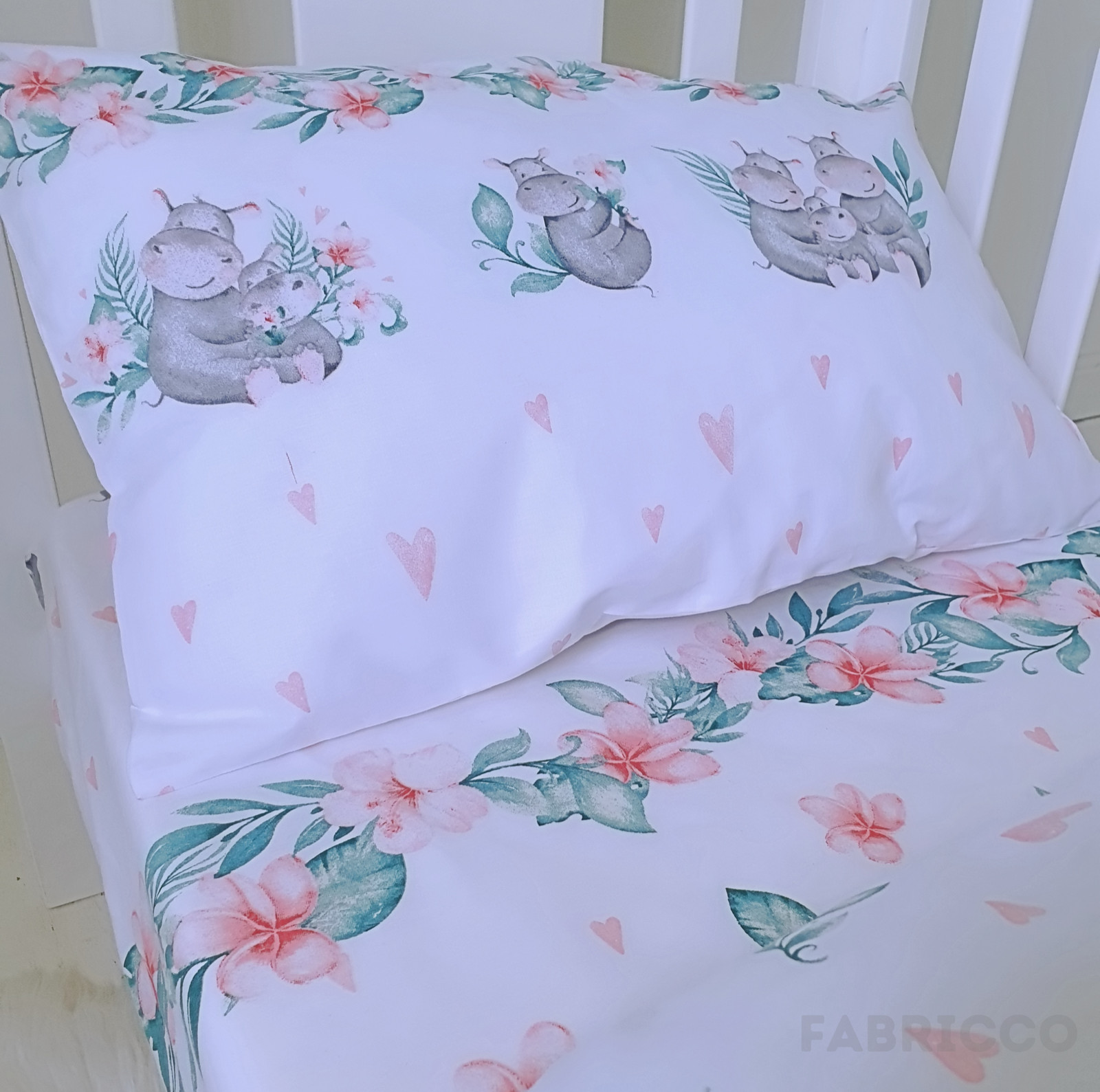 SET LENZUOLA IPPOPOTAMO, BAMBINA, LENZUOLO ADERENTE, ROSA PASTELLO VERDE PURO COTONE foto 2
