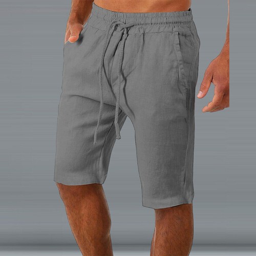 Mens Cotton Linen Chino Cargo Shorts Elasticated Drawstring Casual Half Pants - Picture 23 of 24