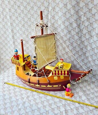 Large Toy Pirate Ship With 3 Pirates and 2 Cannons. for sale online