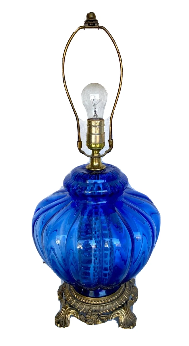 Vintage Mid Century Modern Cobalt Blue Glass Table Lamp Hollywood