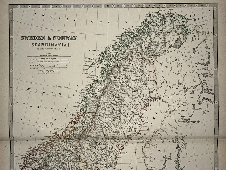 Mapa antiguo original coloreado a mano de Suecia y Noruega de 1889 de Johnston Foto 2 de 3