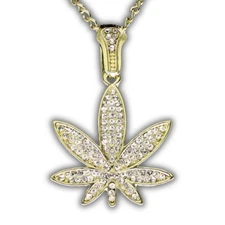 Small Iced CZ Marijuana Pendant 14k Gold Plated Weed 24" Rope Chain Necklace