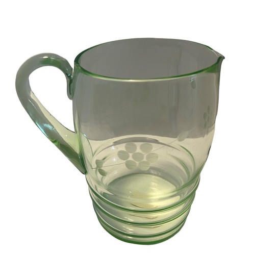 Vintage Green Depression Etched Floral Glass Pitcher - Picture 3 of 8