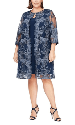 Alex Evenings Plus Size Embroidered Jacket Dress - Navy Blue - Size 14W Alex Evenings Plus Size Embroidered Jacket Dress - Navy Blue - Size 14W