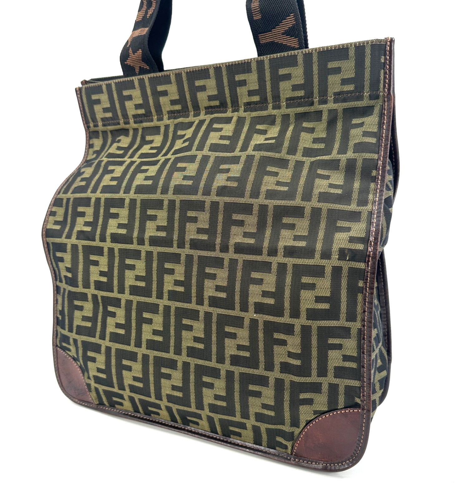 FENDI Tote Bag Zucca Nylon Leather Khaki Hand Purse Authentic thumbnail 2