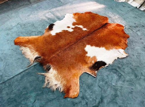Tricolor Goat Pelt Hide Fur, Scandinavian Rug, Brown White Neutral Taupe, 3x2 ft - Picture 2 of 7