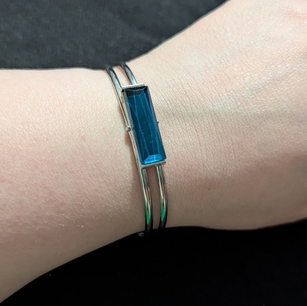 Silver Tone Blue Rectangle Rhinestone Cuff Bangle… - image 1