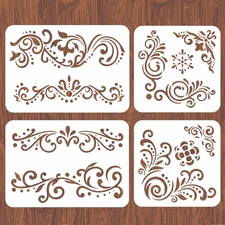 4PCS Lace Corner Stencils for Painting - Reusable Flower Border Wall Stencil, La