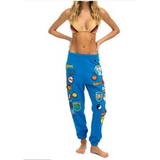 Aviator Nation Womens Vintage Patch Sweatpants Ocean Blue Sz Small
