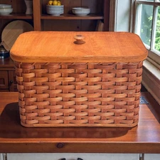 Amish Bread Box Storage Solid Oak Bottom and Lid Leather Carrier Handles