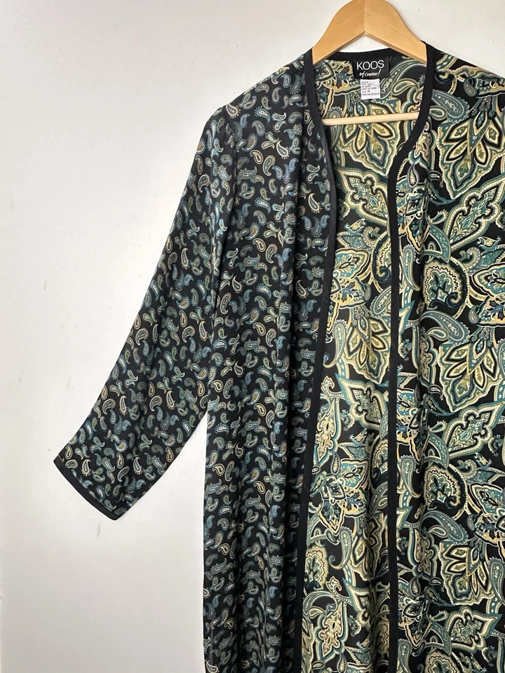 Cárdigan Kimono Abierto 100% Seda Koos of Course Plumero Paisley Boho Festival Arte M Foto 2 de 4