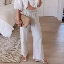 Reformation Olina Linen Drawstring Pull On Pant Size Large NWT Neutral Oatmeal