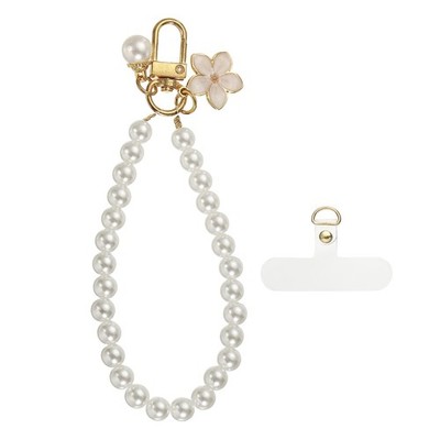Beaded keychain for phone (13cm, white flower) - pearl strap